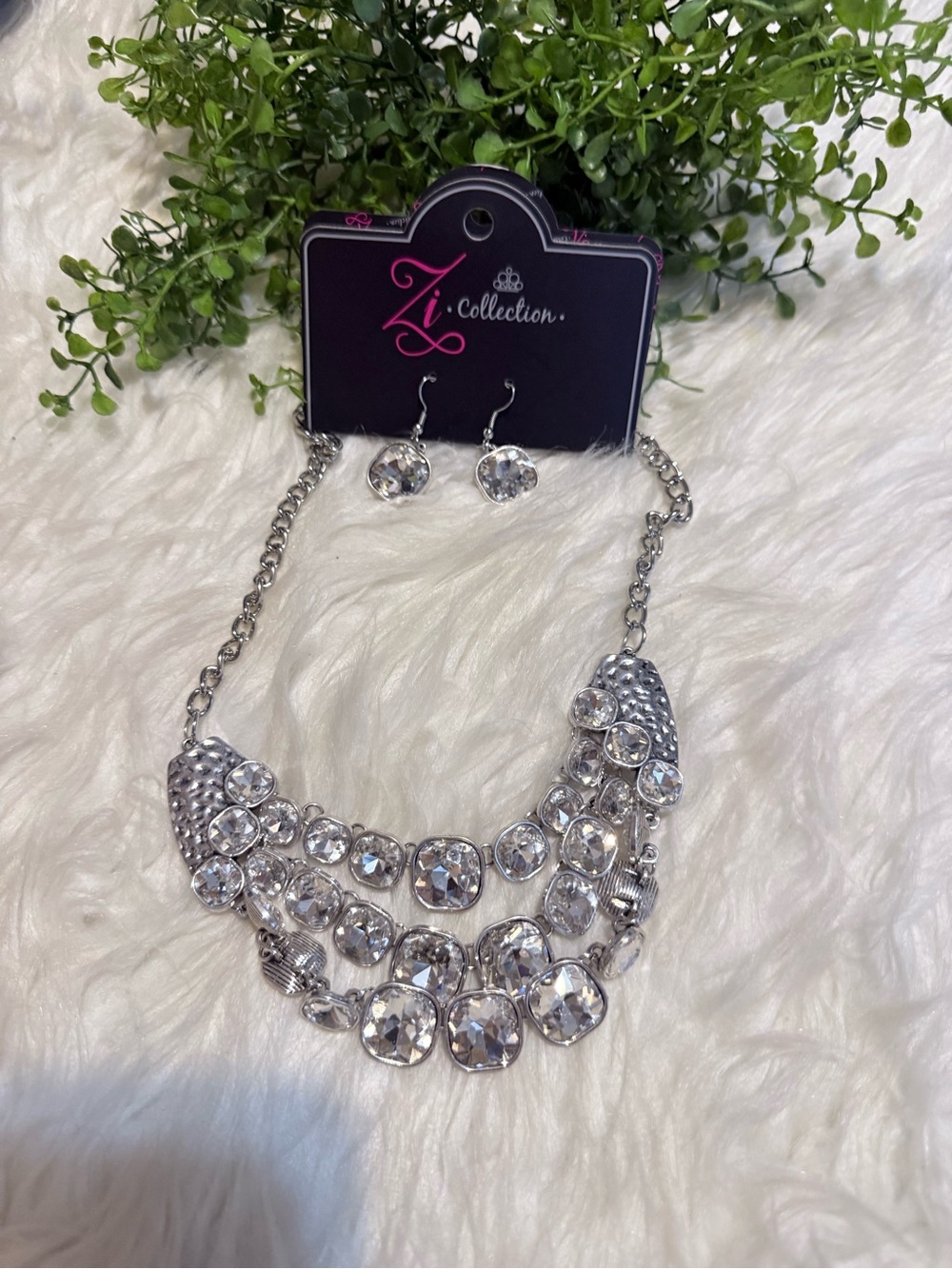 paparazzi Silver Multi-Row Crystal Statement Necklace with Earrings